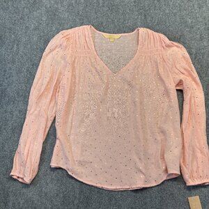 Hope and Harlow Women's M Pink Gold Foil Dot V-neck Blouse NWT